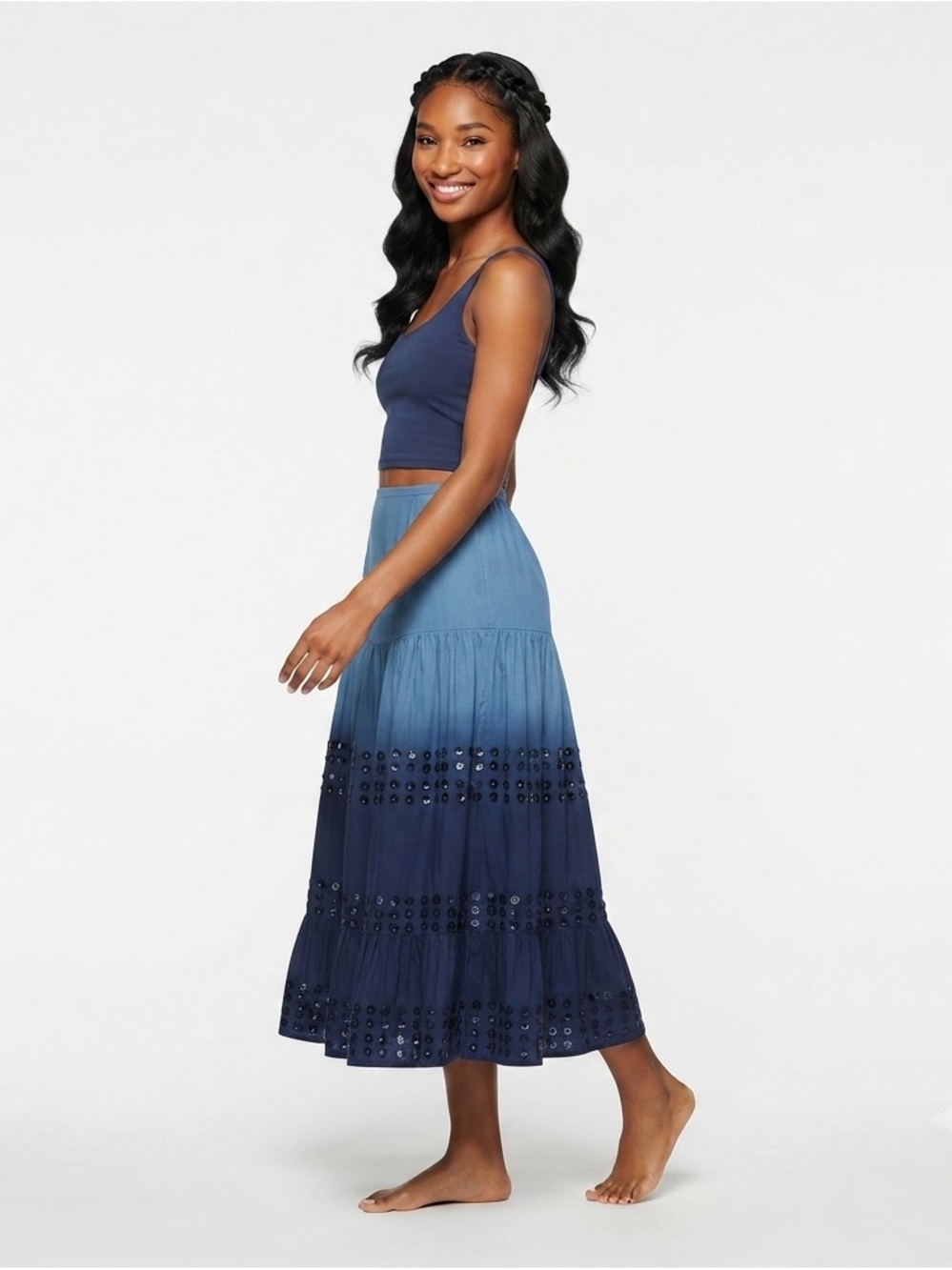 Kaktus Cotton Navy Ombrรฉ Tiered Maxi Skirt Size S